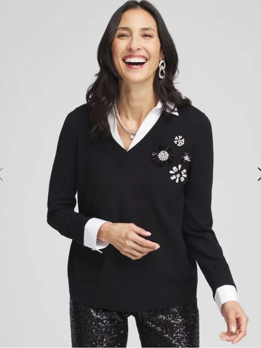 Chico's Black V-Neck Sweater with Jeweled Floral Embellishments